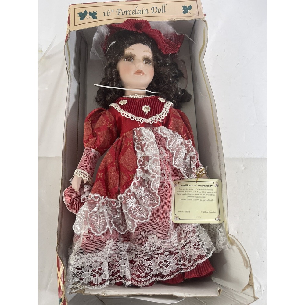 Heirloom Collection 16"‎ Porcelain Doll Red Lace Victorian Dress Limited Edition